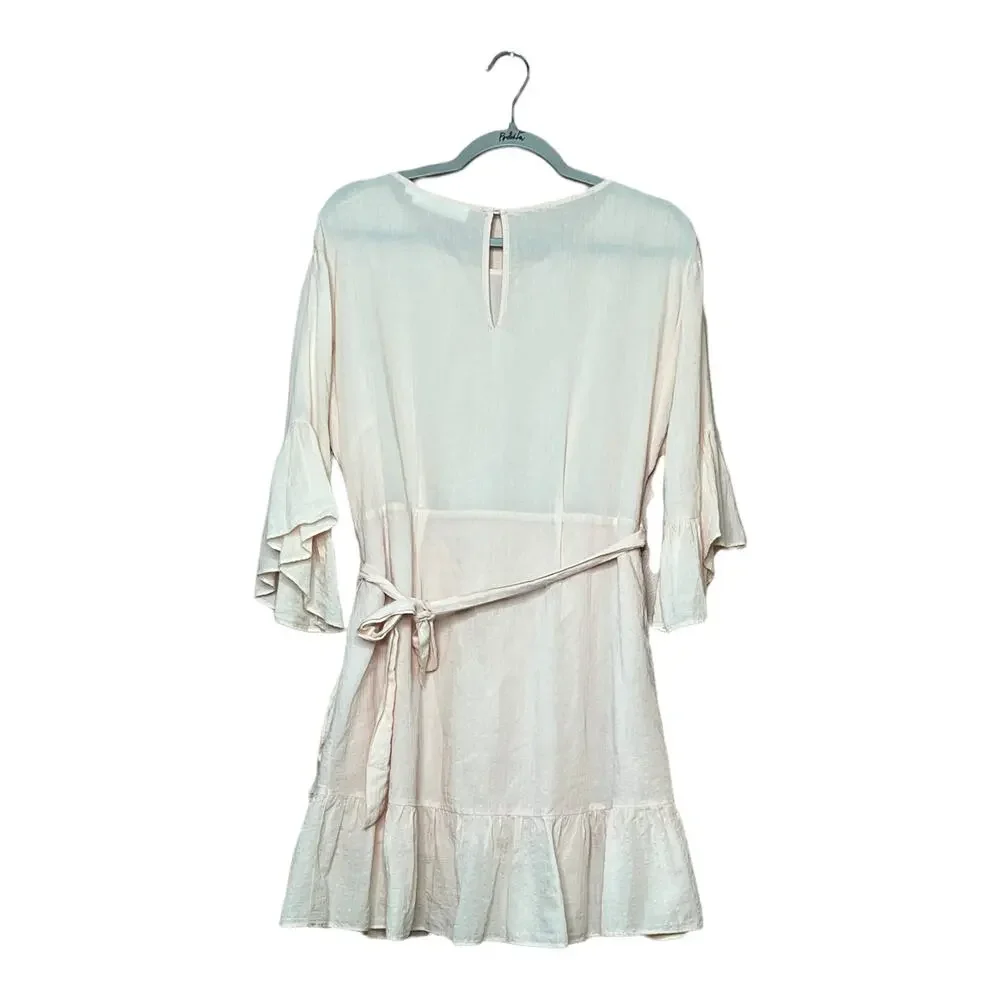 ASTR the Label the suri 3/4-Bell-Sleeve Ruffle Wrap Mini Dress powder pink Sz L
